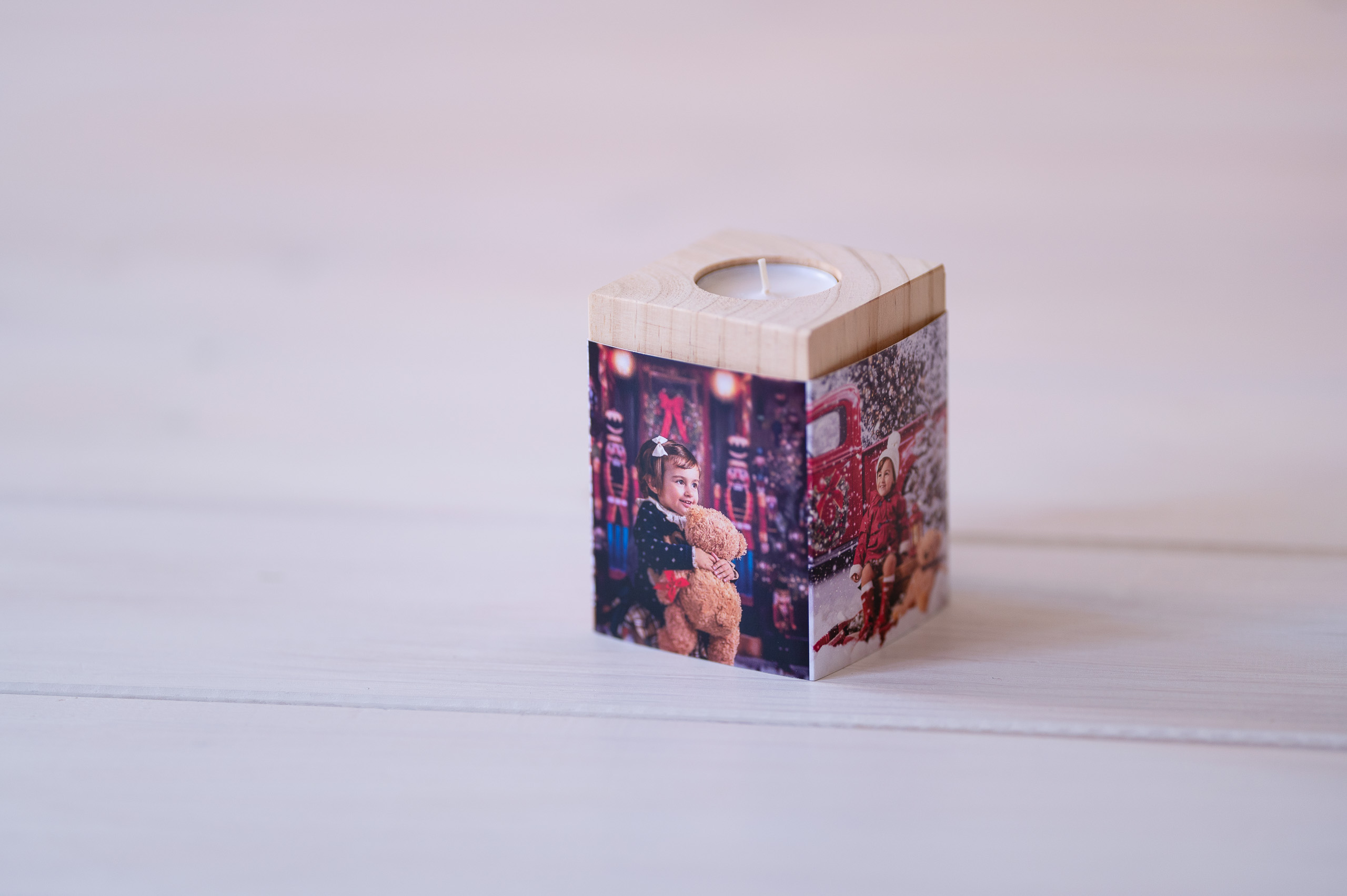 Porta velas de madera con foto